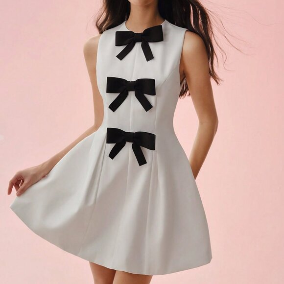 White Elegant Women's Bow Decor Waist Cinched Sleeveless Mini Dress - Picture 6 of 7